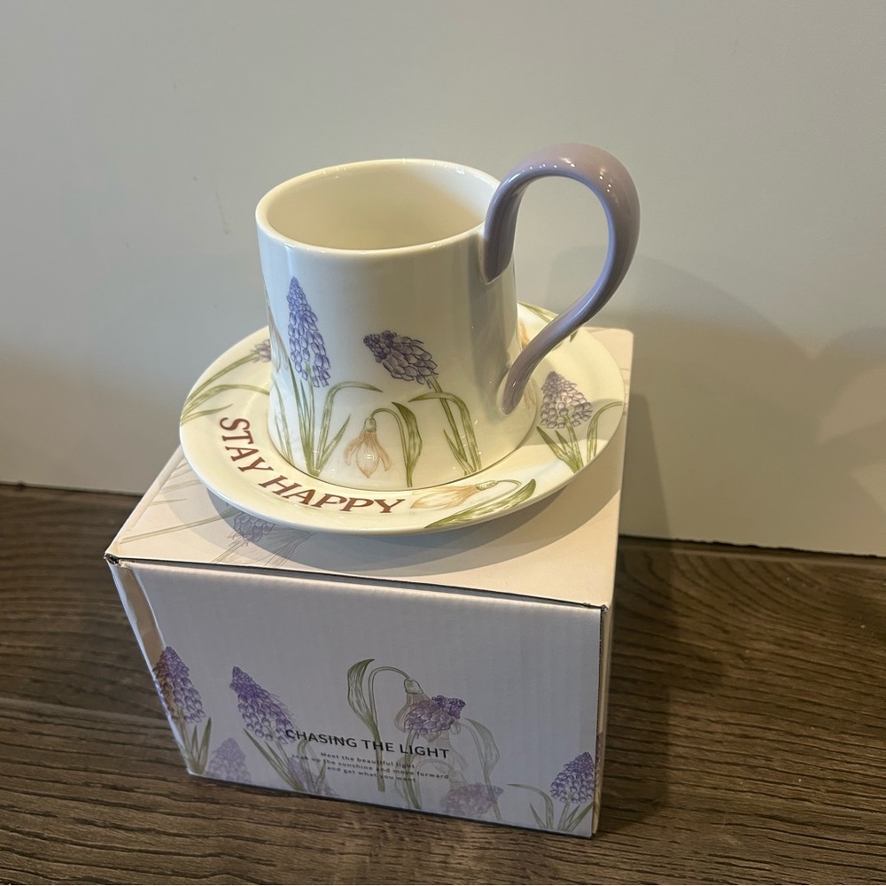Floral Mug and Saucer Set with Purple Accents with box - Picture 3 of 11